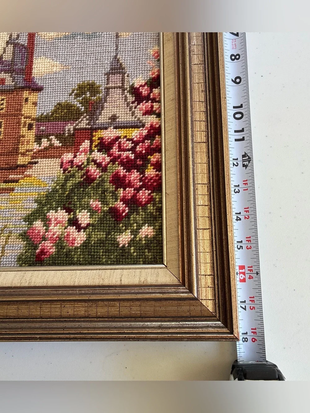 Vtg Handcrafted Needlepoint Tapestry Scenic Snow Village Renaissance Gold Frame